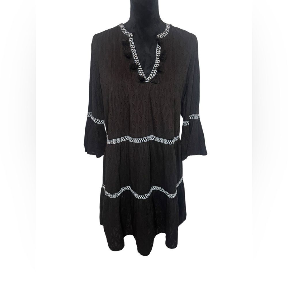 NWT TOMMY BAHAMA EMBROIDERED TIERED TASSEL BLACK DRESS WOMENS SIZE MEDIUM - Picture 5 of 10